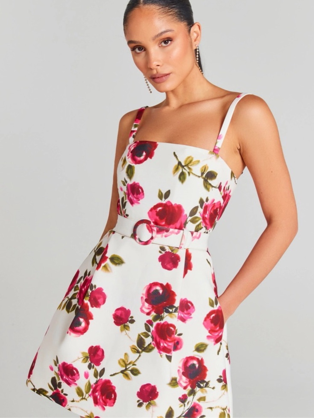 NADINE MERABI Eloise White Mini Dress with Pink Rose Print